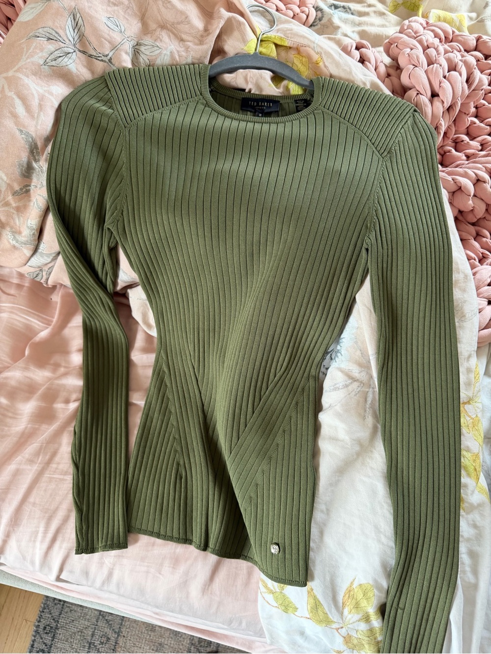Ted Baker Olive Green Ribbed Long Sleeve Crew Top